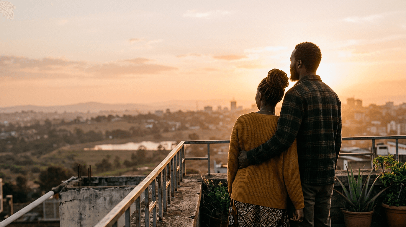 Two people standing close together on a rooftop at golden hour, looking out over a city