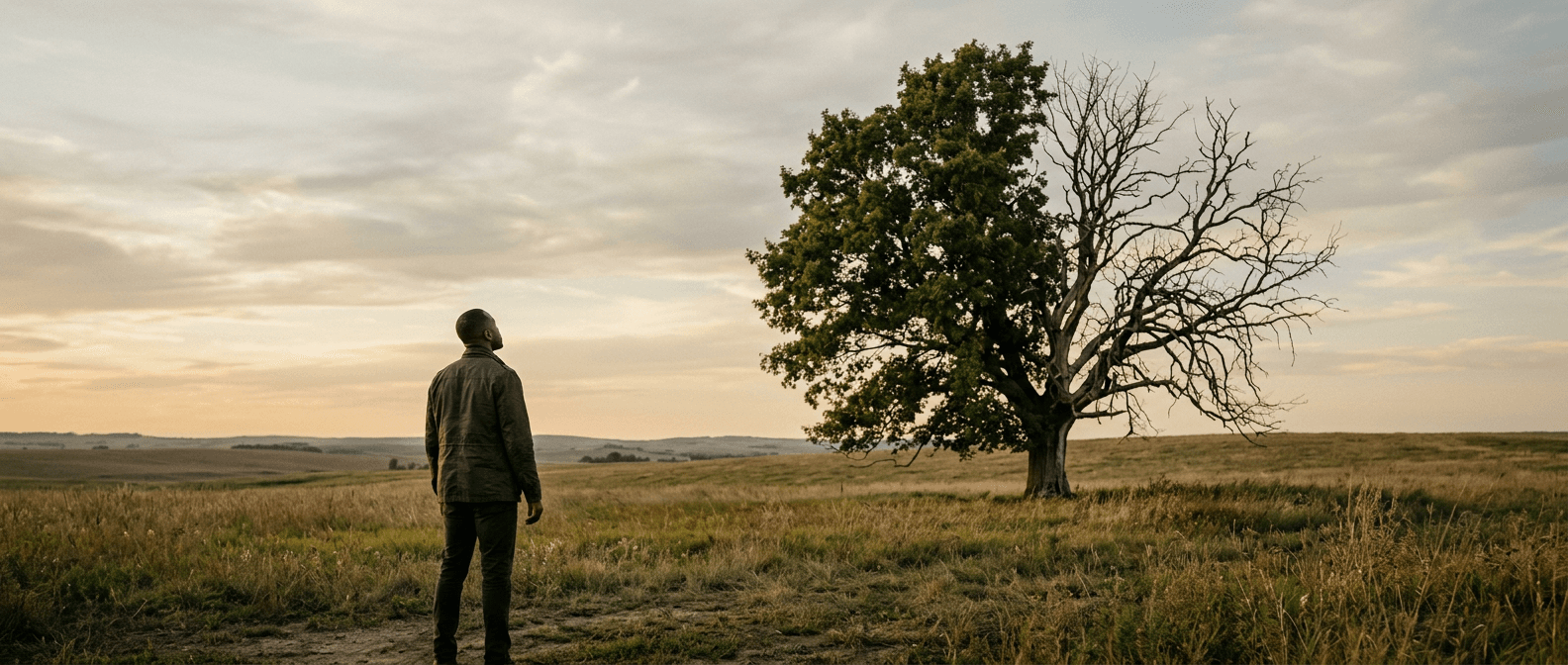 A person standing alone in a field at dusk, looking toward a tree that is half in full leaf and half bare