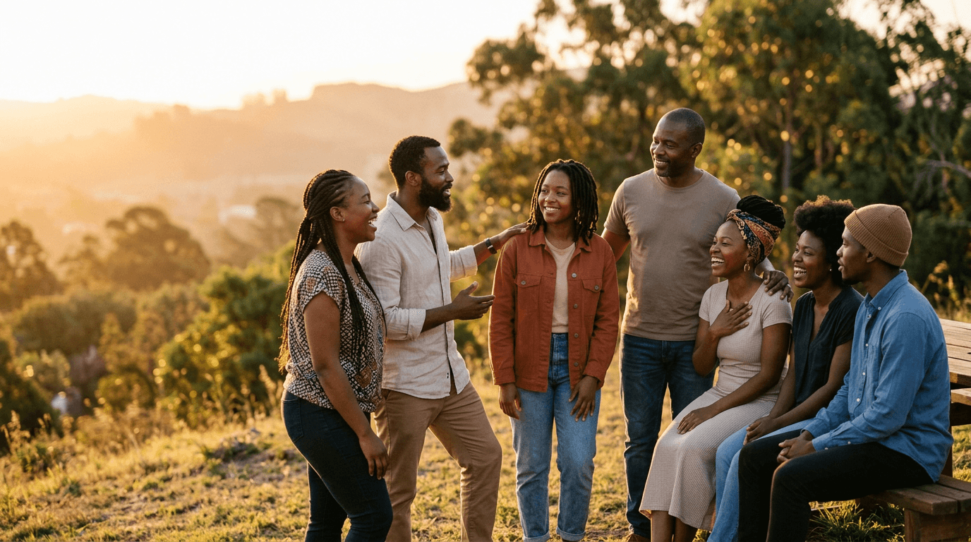A close-knit community of friends gathered together in warm golden-hour light